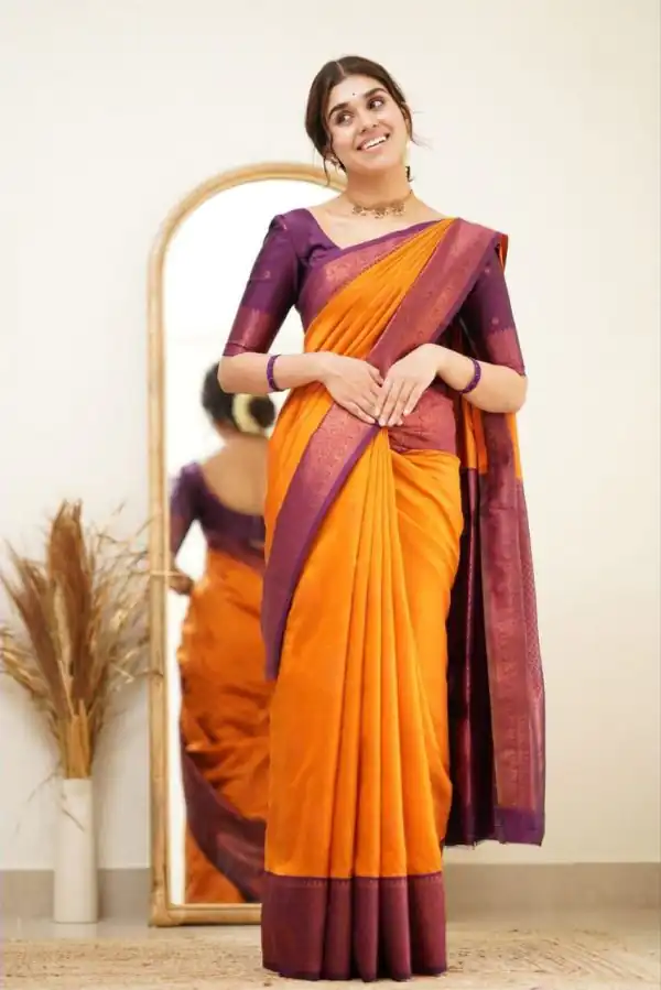 Brilliant Orange Color Soft Lichi Silk Ordinary Design Pallu Saree