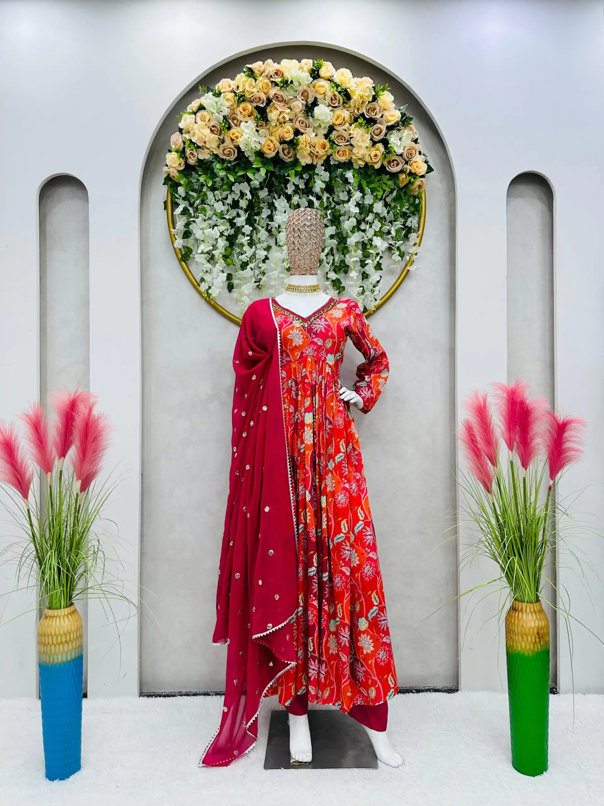 Captivating Red Chinon Silk Thread With Sequence Anarkali Suit