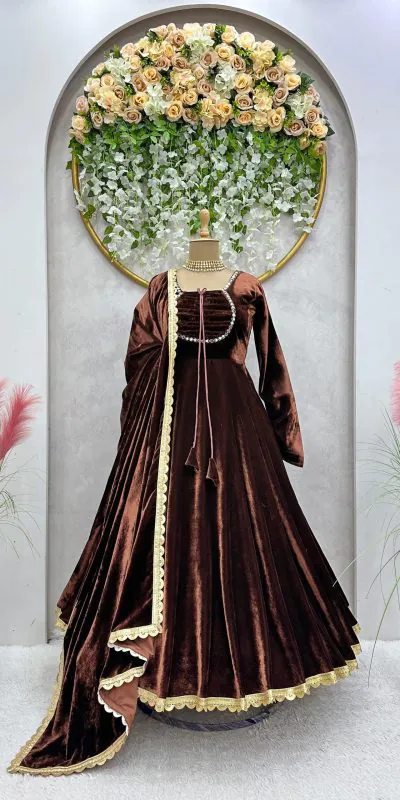 Classic Coffee Color Velvet Real Mirror Fancy Lace Salwar Suit