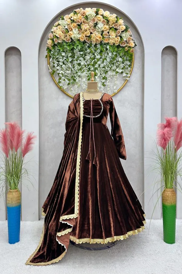 Classic Coffee Color Velvet Real Mirror Fancy Lace Salwar Suit