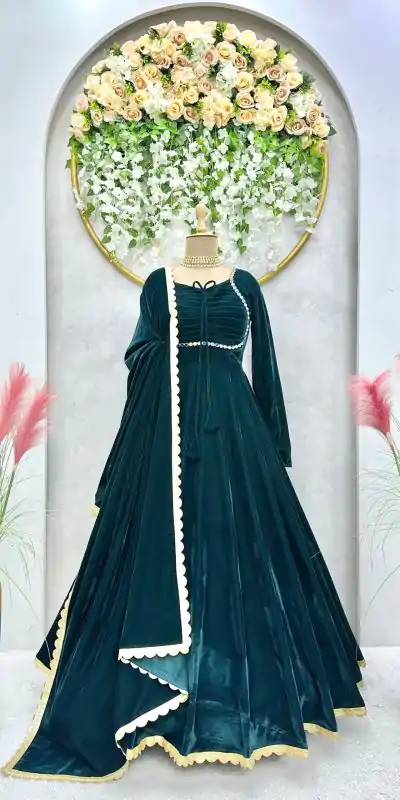 Classic Peacock Blue Color Velvet Real Mirror Fancy Salwar Suit