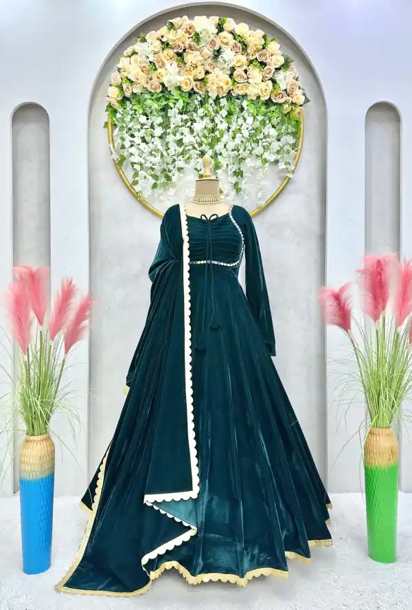 Classic Peacock Blue Color Velvet Real Mirror Fancy Salwar Suit