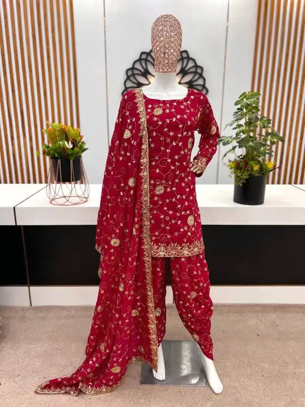 Classic Red Color Vichitra Silk Embroidery Dhoti Stael Sharara Suit