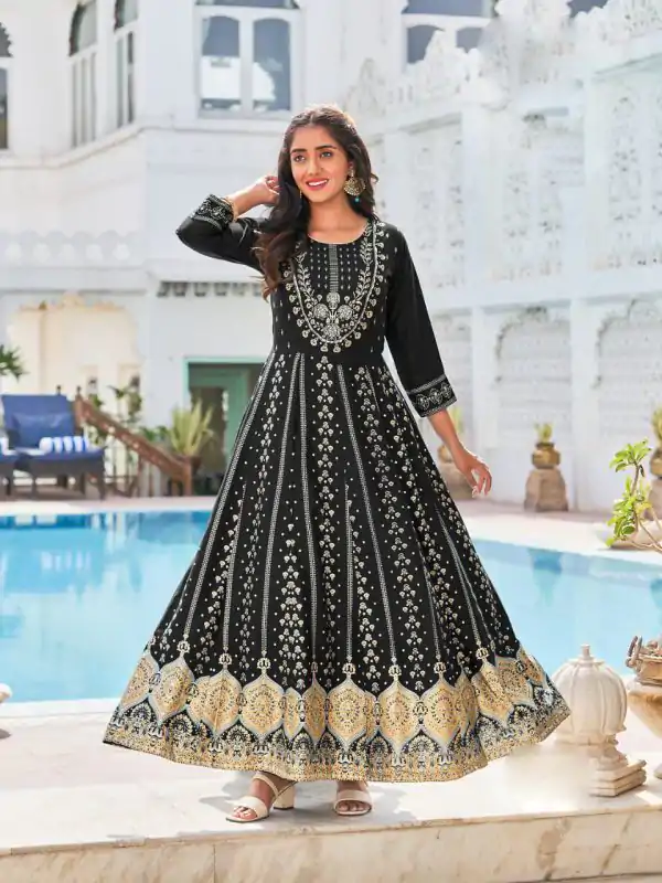 Consummate Black Color Heavy 14 Kg Rayon Printed Work Kurti