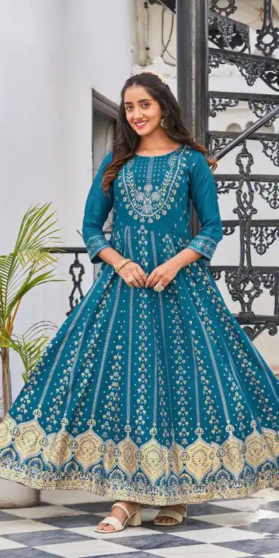 Consummate Blue Color Heavy 14 Kg Rayon Printed Work Kurti