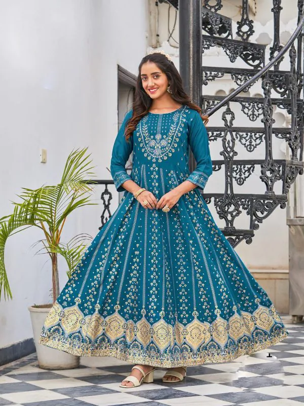 Consummate Blue Color Heavy 14 Kg Rayon Printed Work Kurti