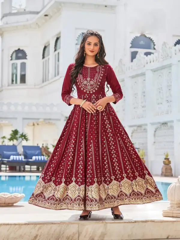 Consummate Red Color Heavy 14 Kg Rayon Printed Work Kurti
