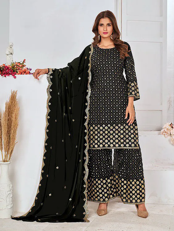 Cute Black Color Georgette Embroidery Stone Work Sharara Suit