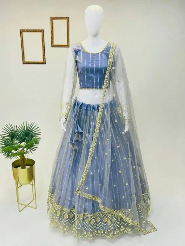 Cute Dodger Blue Soft Net Embroidery Sequins Lehenga Choli