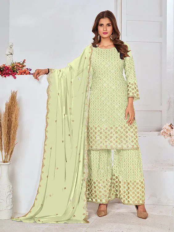 Cute Light Green Color Georgette Embroidery Stone Sharara Suit