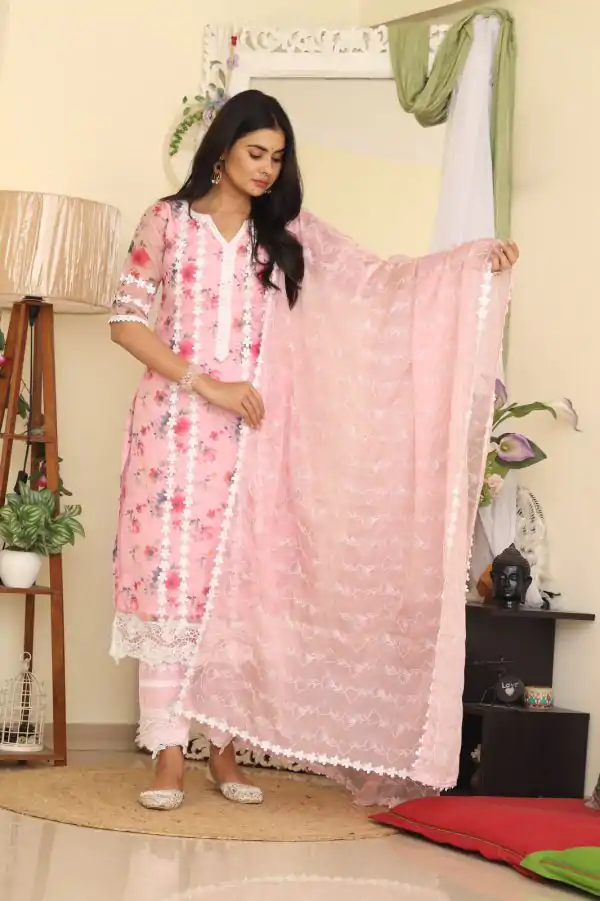 Cute Light Pink Color Organza Digital Printed Thread Anarkali Suit