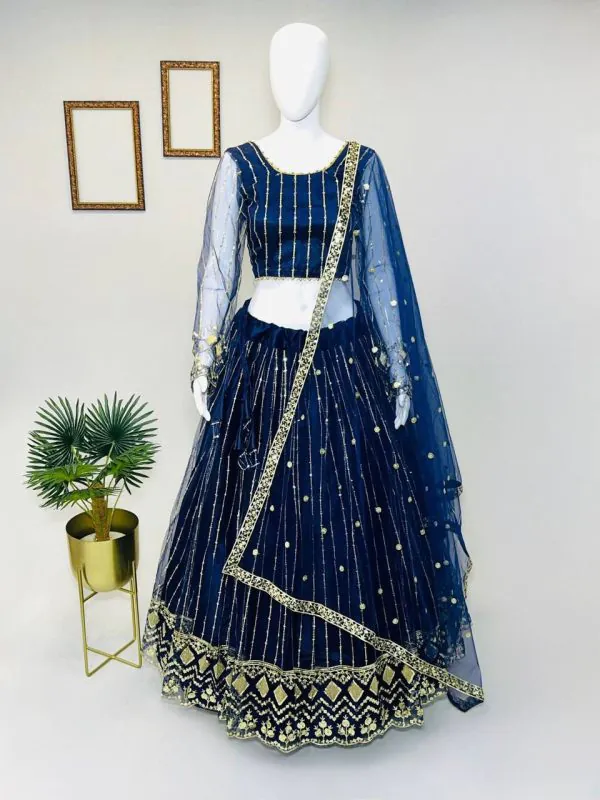 Cute Navy Blue Soft Net Embroidery Sequins Lehenga Choli