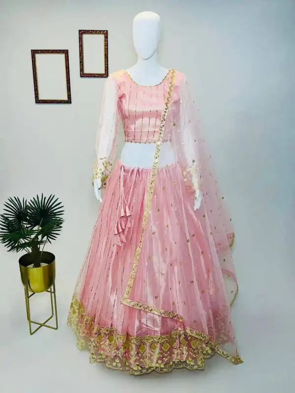 Cute Peach Color Soft Net Embroidery Sequins Lehenga Choli