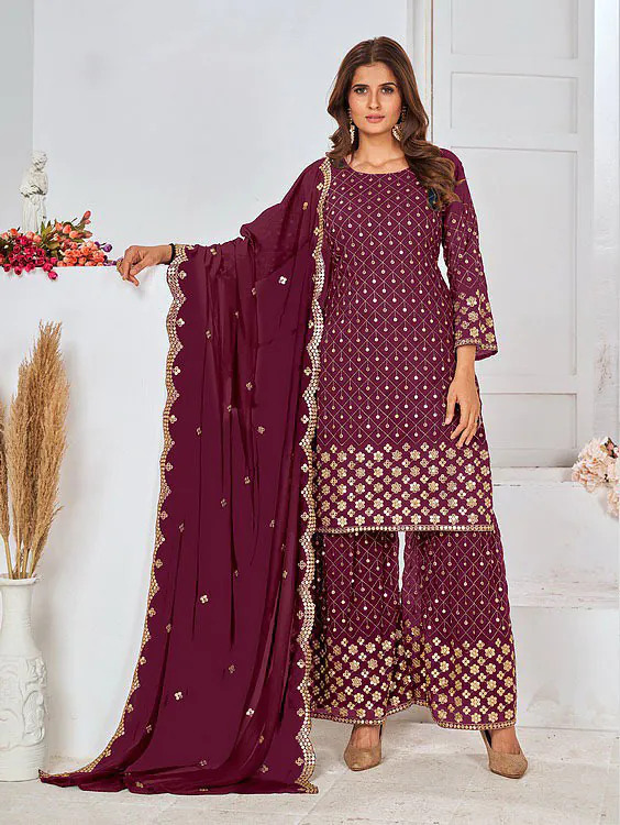 Cute Purple Color Georgette Embroidery Stone Work Sharara Suit