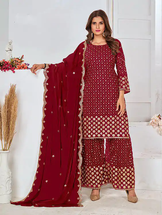 Cute Red Color Georgette Embroidery Stone Work Sharara Suit