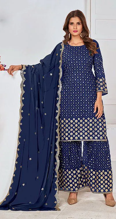 Cute Royal Blue Color Georgette Embroidery Stone Sharara Suit
