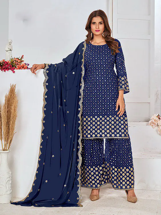 Cute Royal Blue Color Georgette Embroidery Stone Sharara Suit