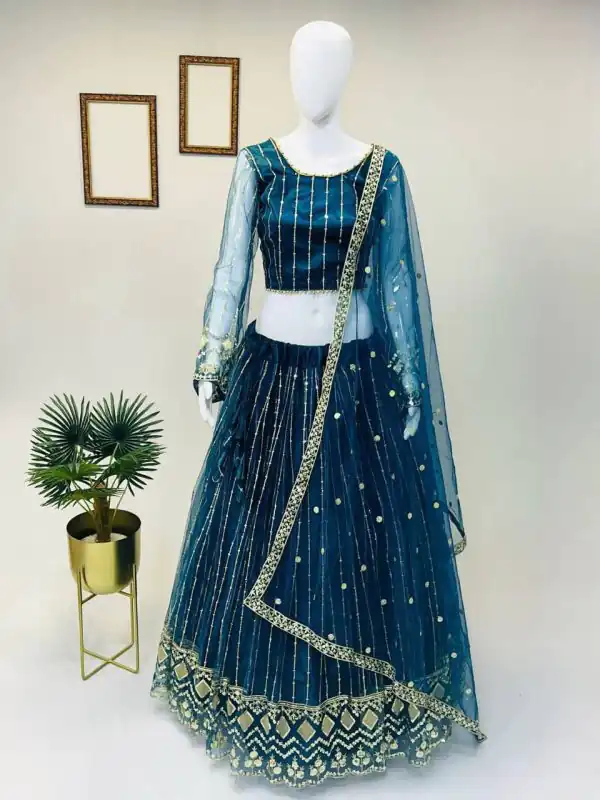 Cute Royal Blue Soft Net Embroidery Sequins Lehenga Choli