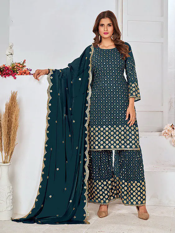Cute Stone Green Color Georgette Embroidery Stone Sharara Suit
