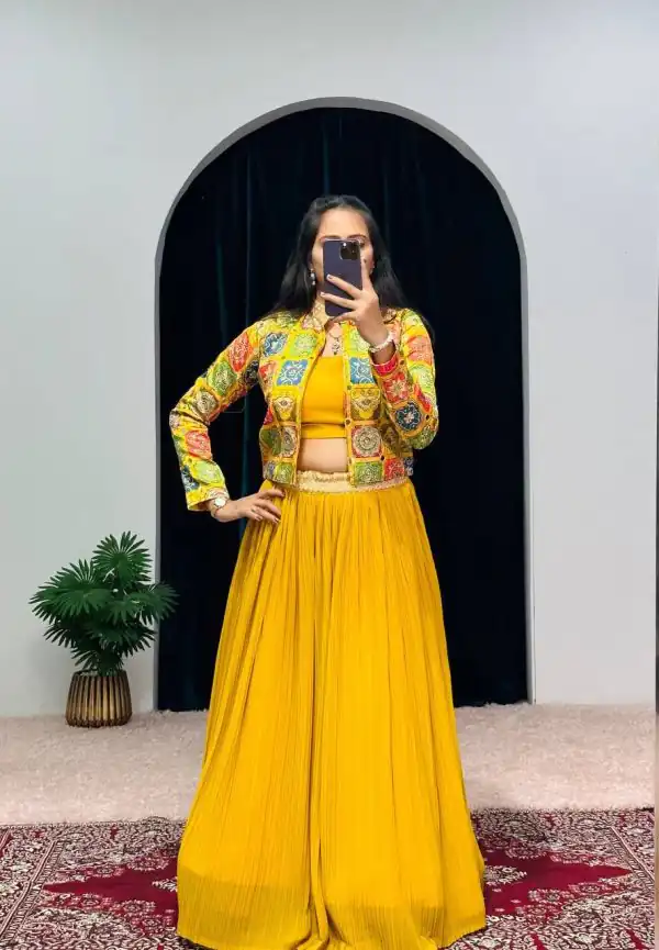 Cute Yellow Color Georgette Zari Kashmiri Mirror Lehenga Choli