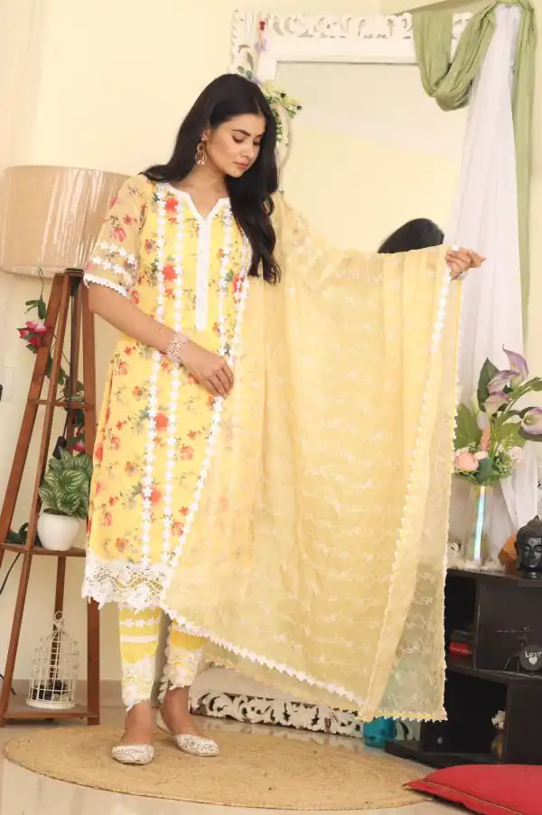 Cute Yellow Color Organza Digital Printed Thread Anarkali Suit