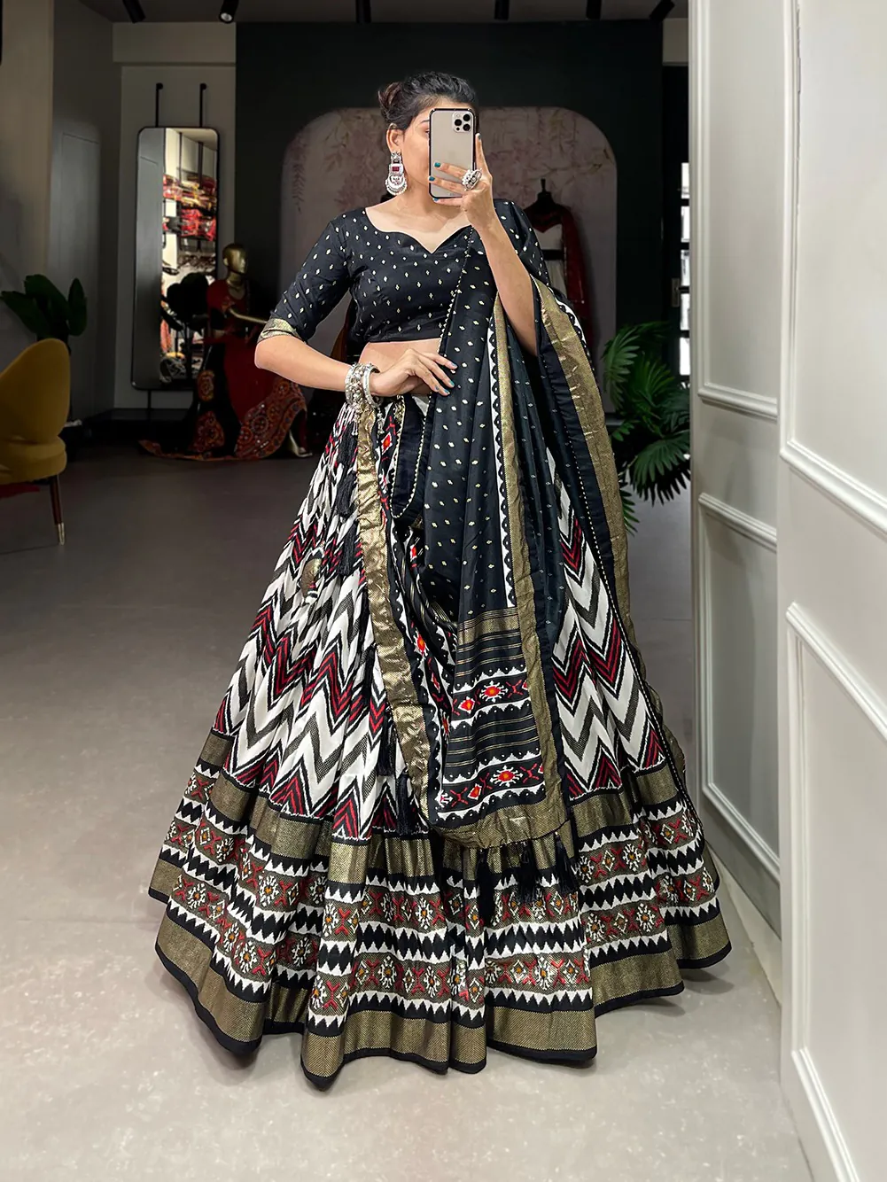 Dazzling Black Color Tussar Silk Leheriya Foil Print Lehenga Choli