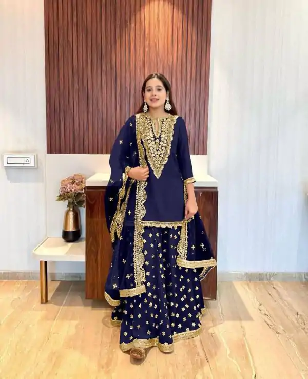 Dazzling Blue Georgette Embroidery Mirror Work Salwar Suit