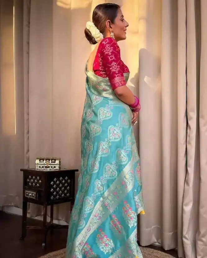 Dazzling Blue Color Soft Lichi Silk Cloth Rich Pallu All Over Saree - Image 3