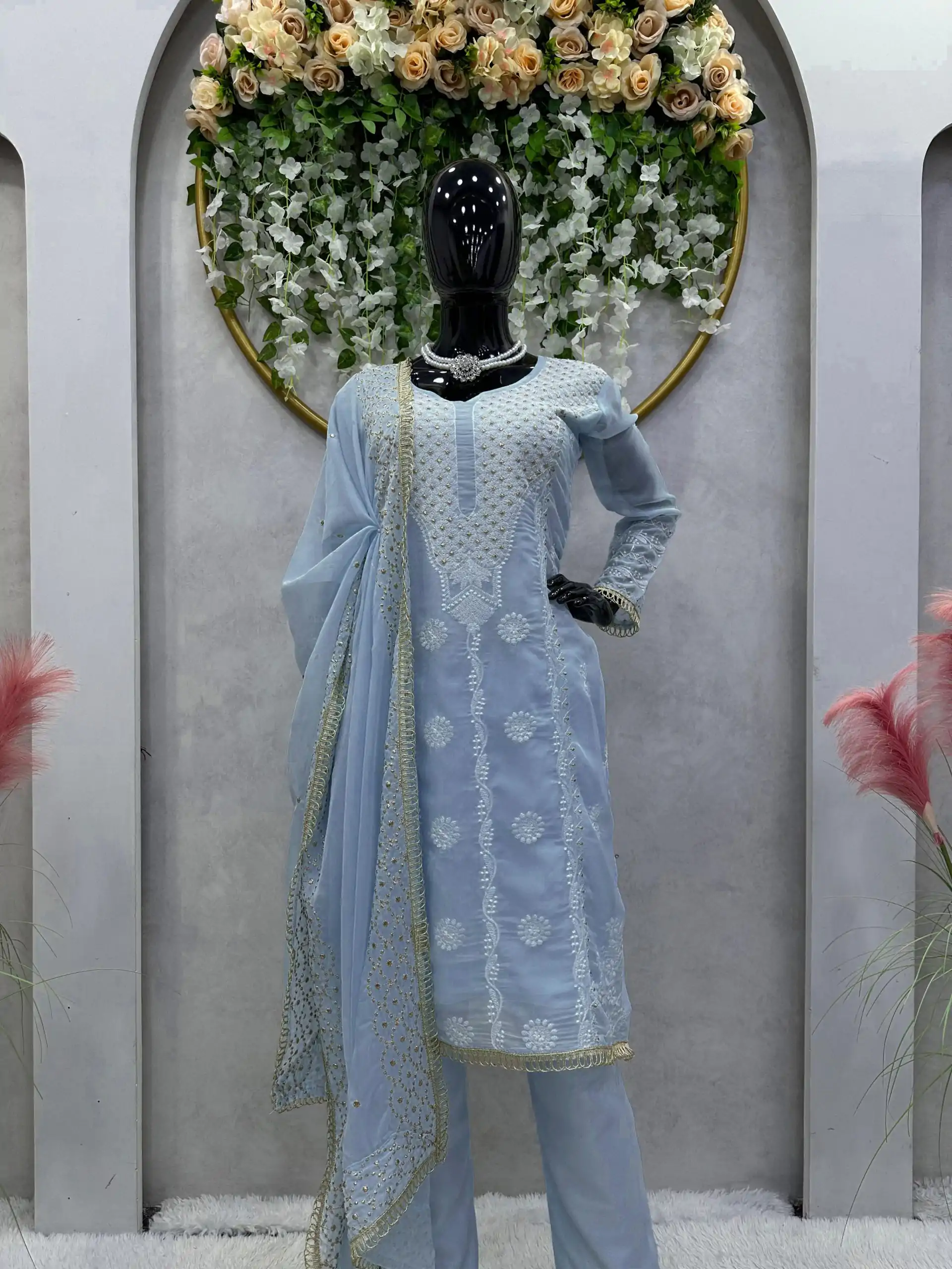 Dazzling Blue Color Tabby Organza Thread Sequence Work Kurti - Image 2