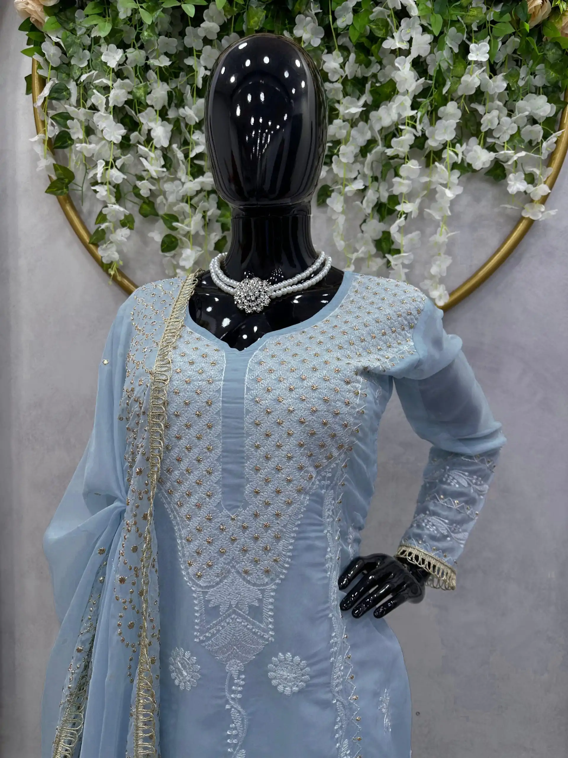 Dazzling Blue Color Tabby Organza Thread Sequence Work Kurti - Image 3