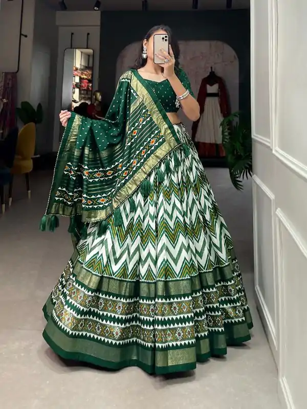 Dazzling Green Color Tussar Silk Leheriya Foil Print Lehenga Choli
