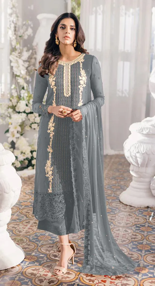 Dazzling Grey Color Heavy Georgette Embroidery Anarkali Suit