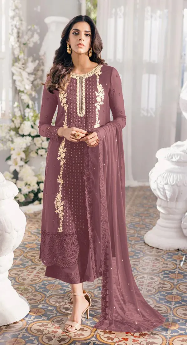Dazzling Onion Color Heavy Georgette Embroidery Anarkali Suit