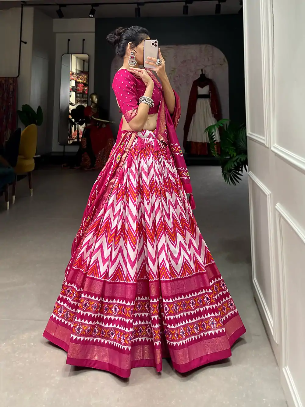 Dazzling Pink Color Tussar Silk Leheriya Foil Print Lehenga Choli - Image 3