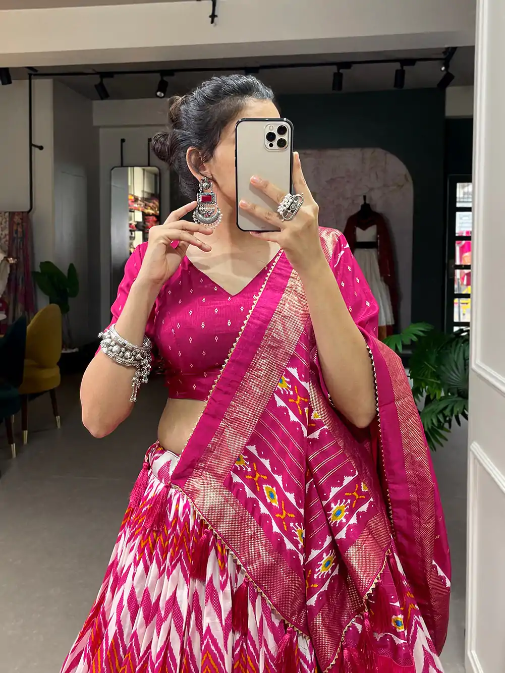 Dazzling Pink Color Tussar Silk Leheriya Foil Print Lehenga Choli - Image 2