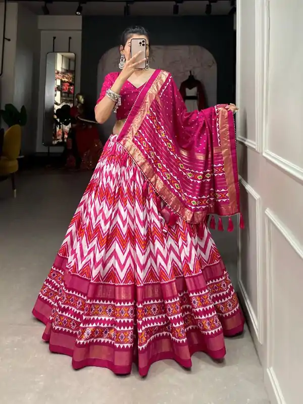 Dazzling Pink Color Tussar Silk Leheriya Foil Print Lehenga Choli