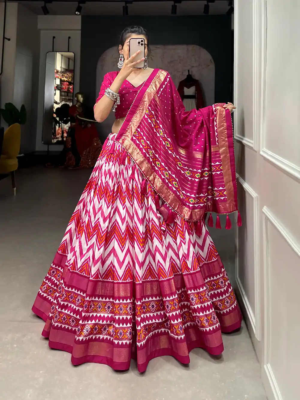 Dazzling Pink Color Tussar Silk Leheriya Foil Print Lehenga Choli