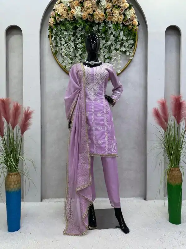 Dazzling Purple Color Tabby Organza Thread Sequence Work Kurti