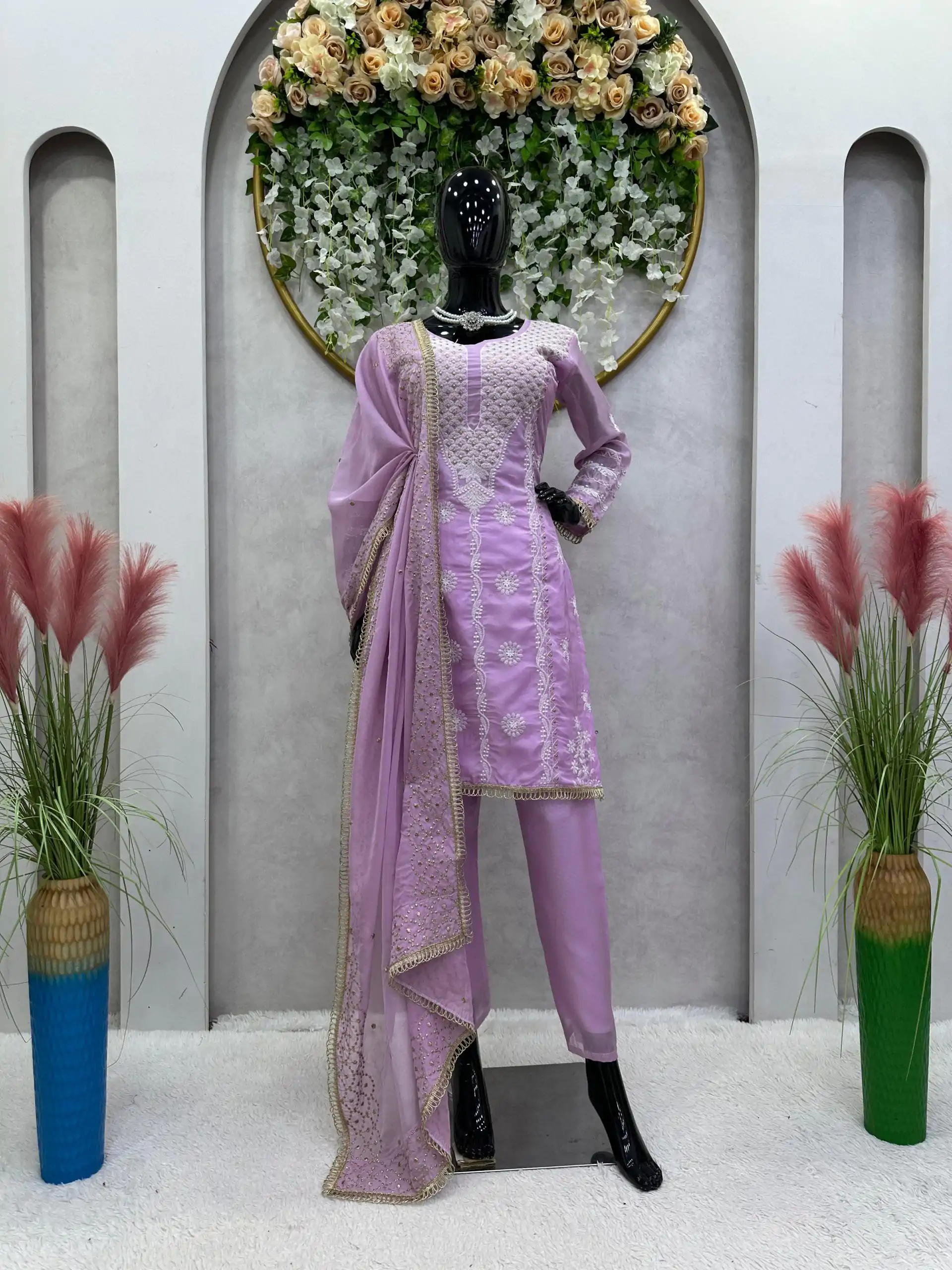 Dazzling Purple Color Tabby Organza Thread Sequence Work Kurti