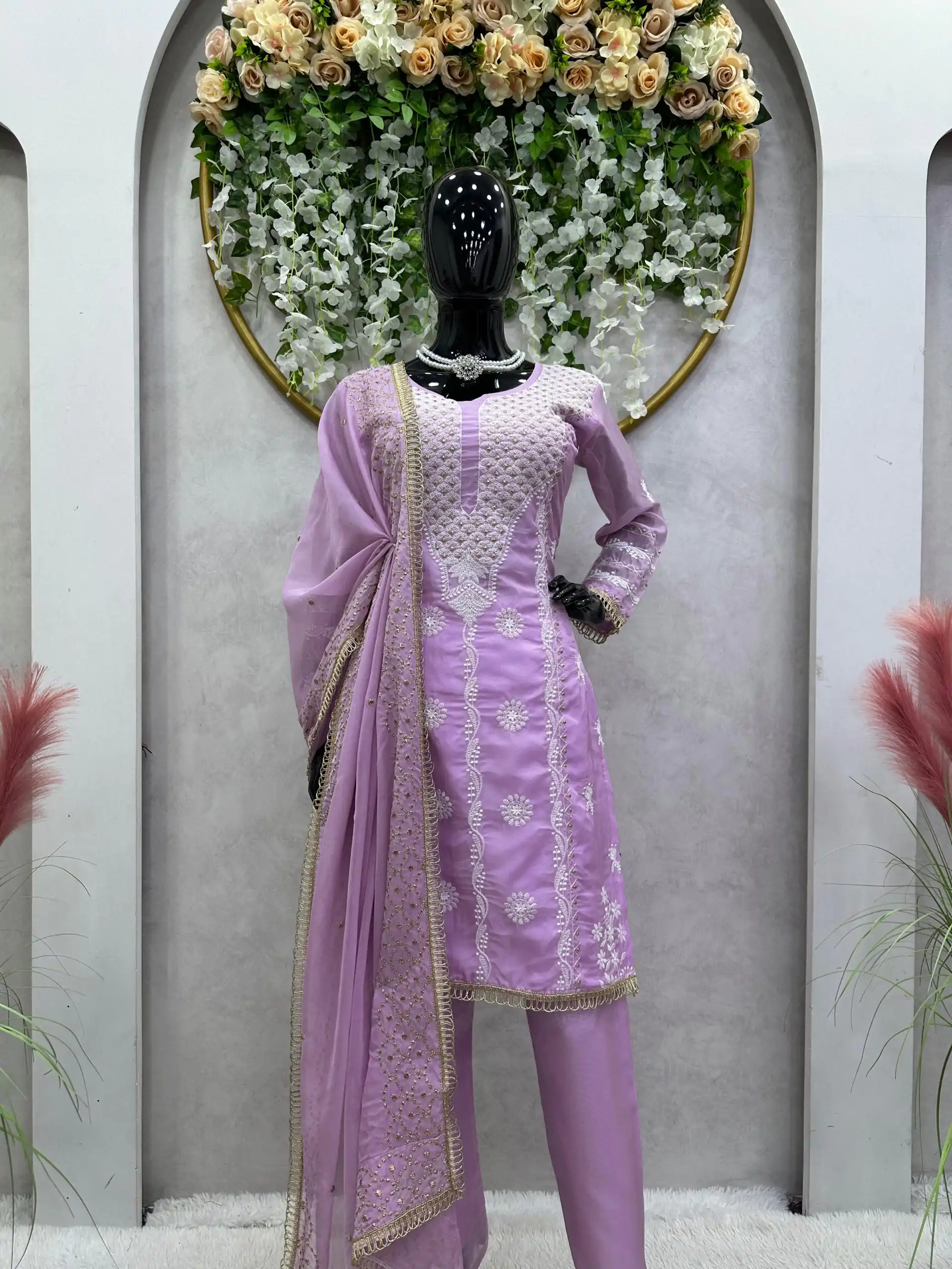 Dazzling Purple Color Tabby Organza Thread Sequence Work Kurti - Image 2