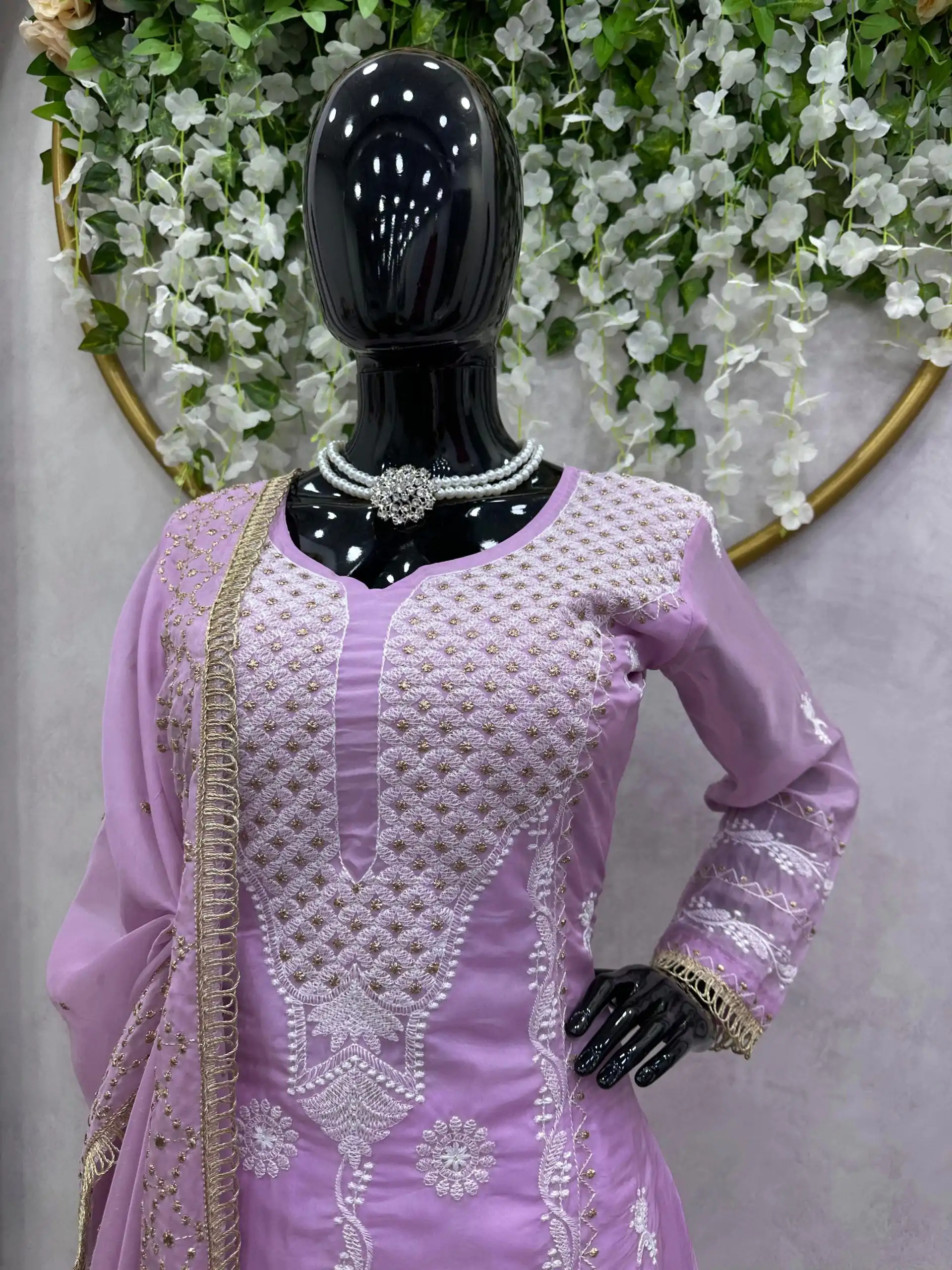 Dazzling Purple Color Tabby Organza Thread Sequence Work Kurti - Image 3