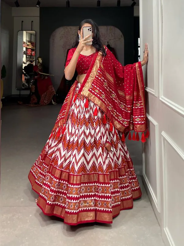 Dazzling Red Color Tussar Silk Leheriya Foil Print Lehenga Choli