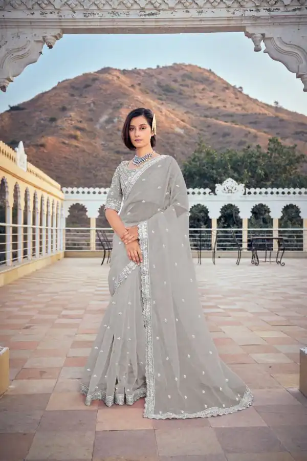 Dazzling Silver Color Bright Organza Silk Sequence Work Saree