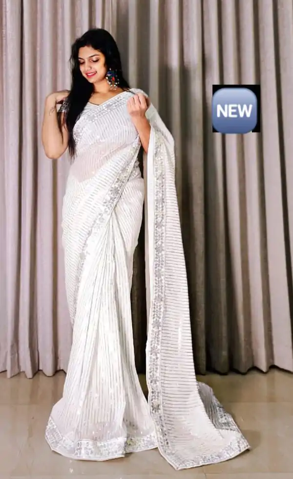 Dazzling White Color Georgette Embroidery Sequence Work Saree