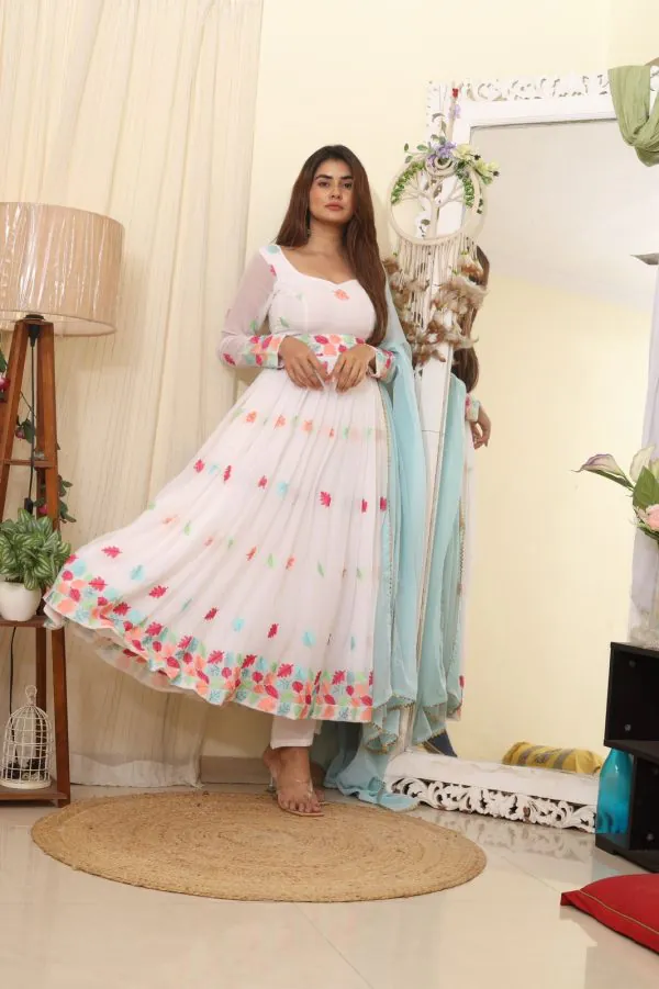 Dazzling White Georgette Embroidered Swarovski Anarkali Suit