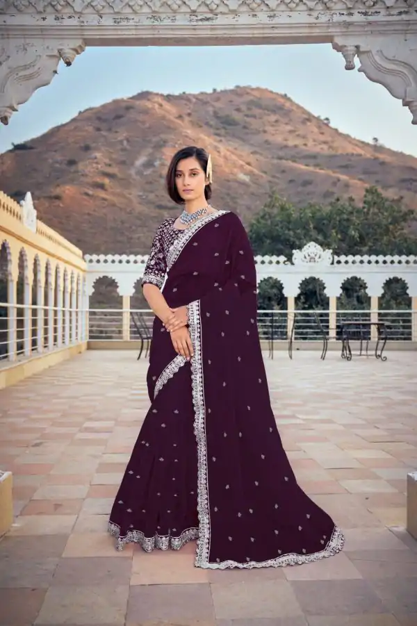 Dazzling Wine Color Bright Organza Silk Sequence Work Saree