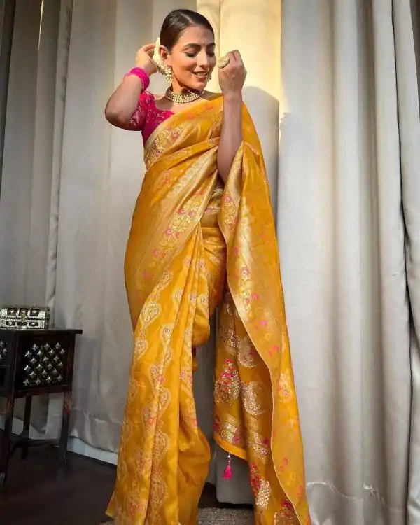 Dazzling Yellow Color Soft Lichi Silk Cloth Rich Pallu All Over Saree