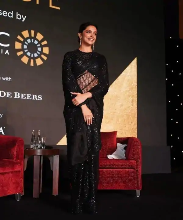 Deepika Padukone Black Nylon Butterfly Net Thread Work Saree