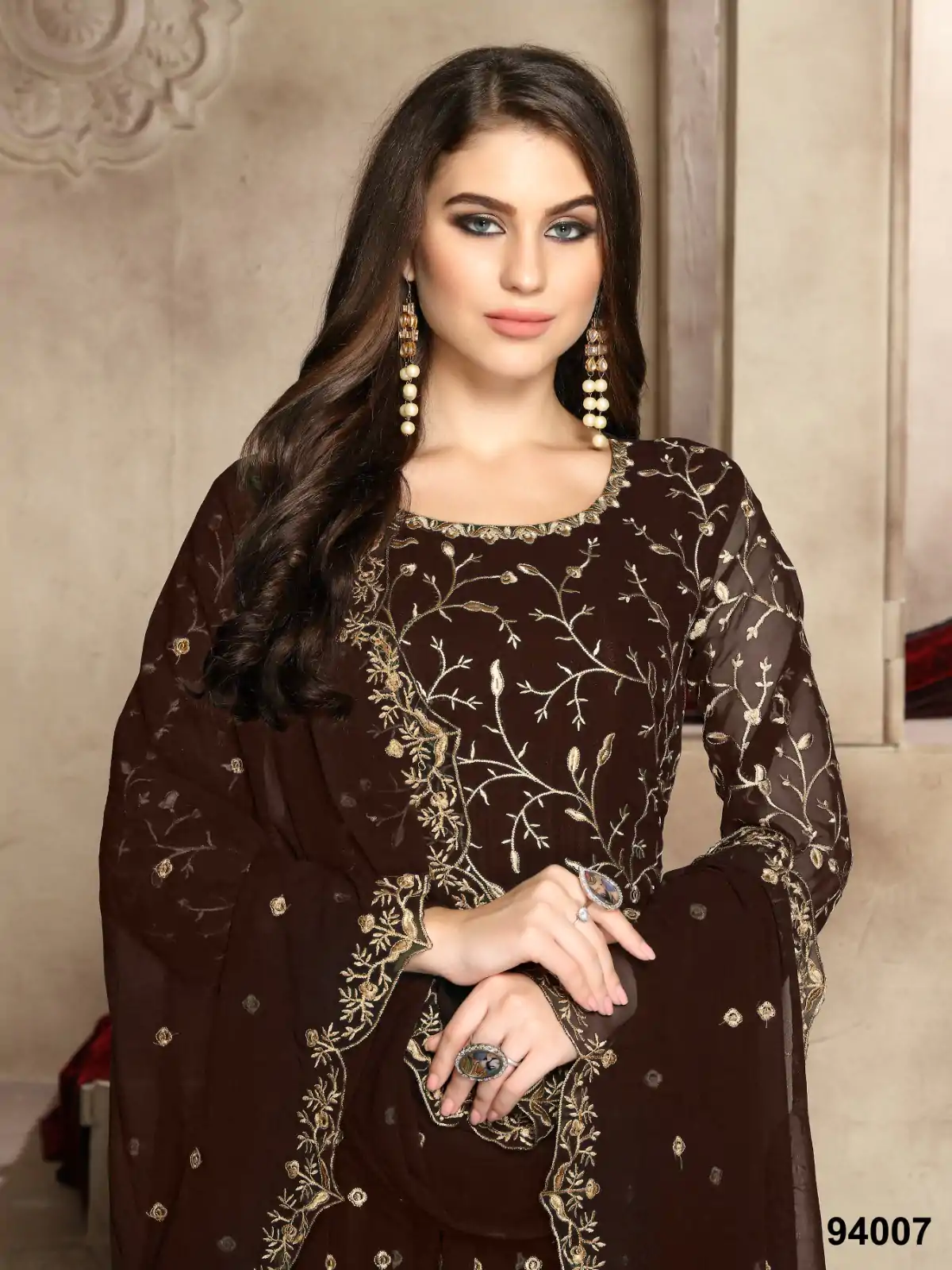 Elegant Coffee Color Georgette Multi Thread Zari Stich Anarkali Suit - Image 2