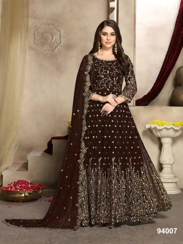 Elegant Coffee Color Georgette Multi Thread Zari Stich Anarkali Suit